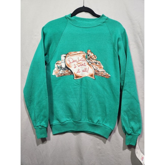 Jerzees Tops - Vintage Christmas Graphic "Santa, I Want It Now" Crewneck Sweatshirt Small Green